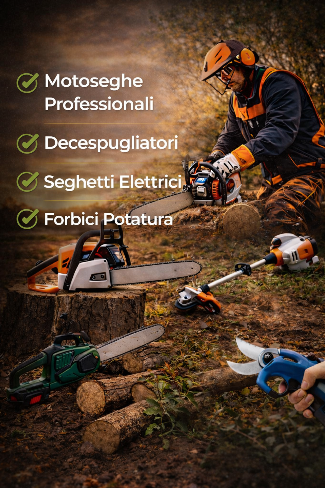 Motoseghe, decespugliatori, seghetti elettrici, forbici potatura